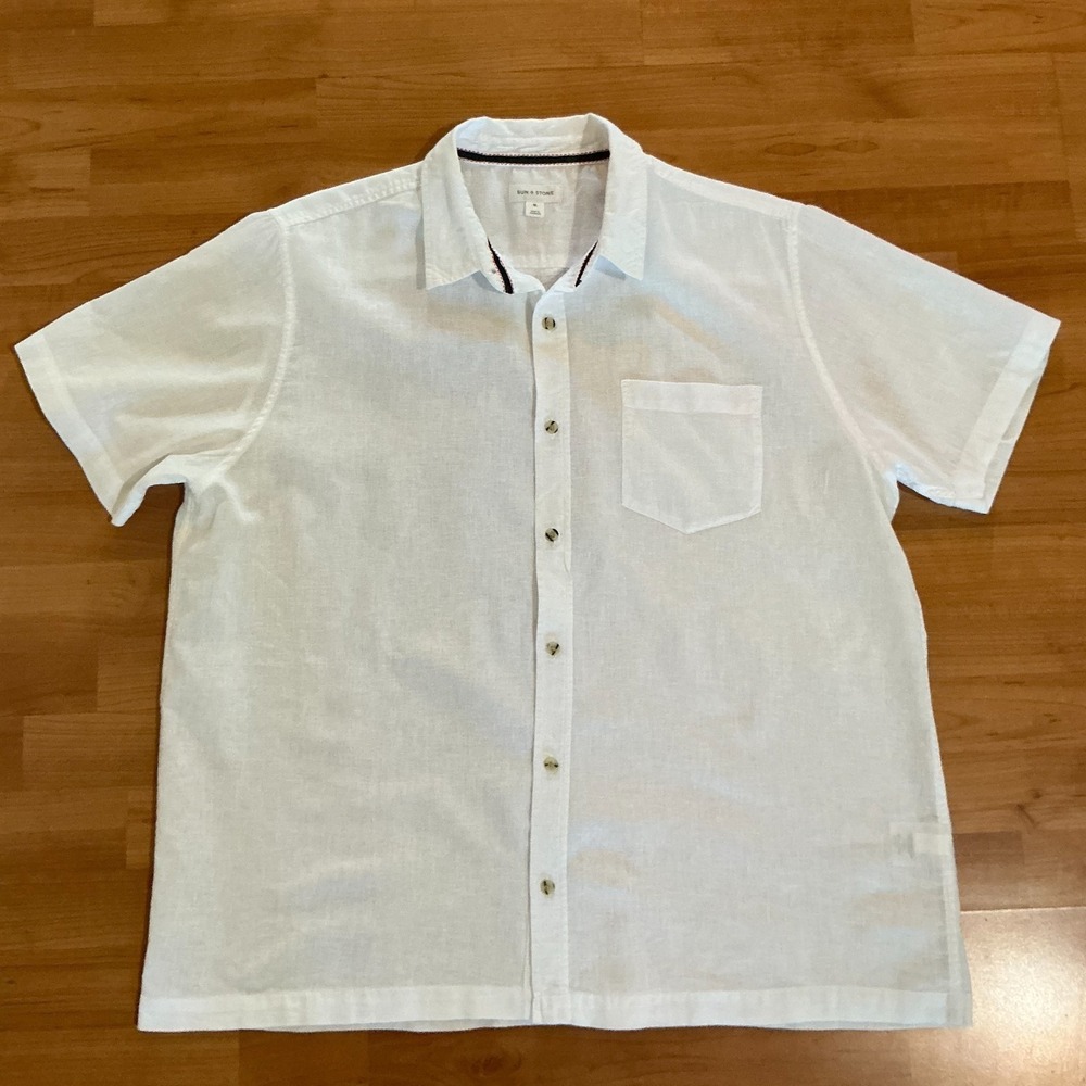 Sun + Stone Linen Blend Shirt Men XL White Short Sleeve‎ Button Up Pocket Casual